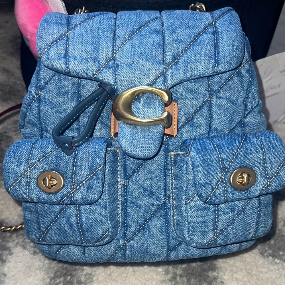 Coach Blue Quilted Denim Backpack with Gold Hardware